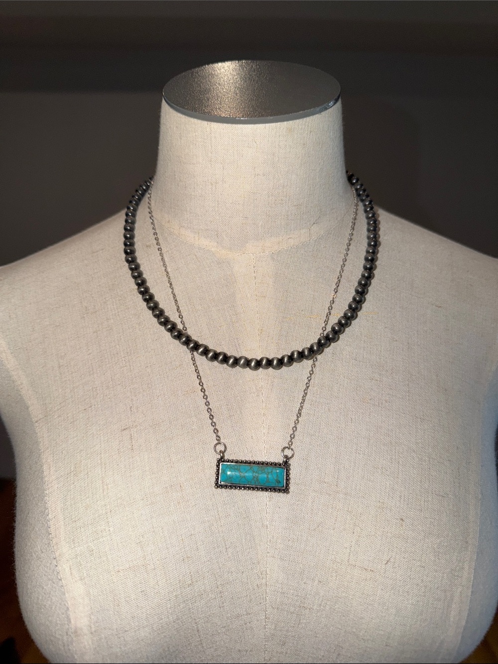 Silver Bead and Turquoise Bar Layered Necklace